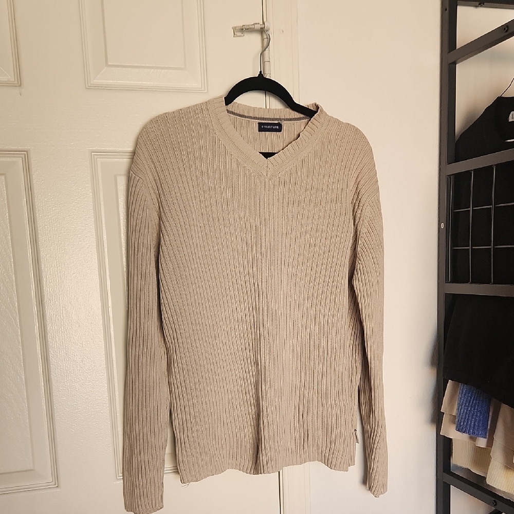Structure Mens Vintage V Neck Ribbed Tan Sweater M/L